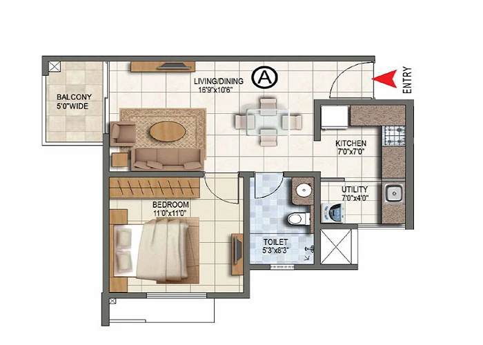 1 BHK floor plan for Prestige Bangalore showing living and dining, bedroom, kitchen, utility, toilet and balcony with marked dimensions