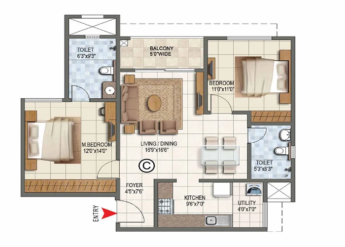 2 BHK floor plan for Prestige Bangalore showing two bedrooms, living and dining, kitchen, toilets and balcony with marked dimensions