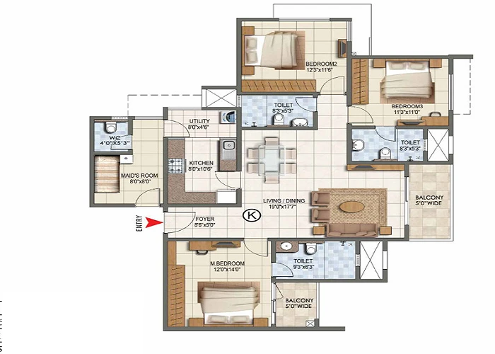3 BHK floor plan for Prestige Bangalore showing three bedrooms, living and dining, kitchen, utility, maid&rsquo;s room, toilets and balconies with marked dimensions