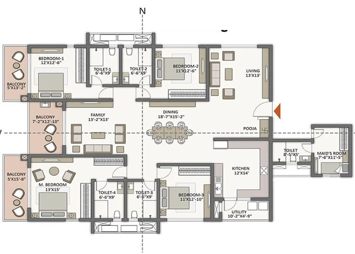 4 BHK floor plan for Prestige Bangalore showing four bedrooms, family and dining areas, kitchen, utility, pooja, maid&rsquo;s room, four toilets and balconies with marked dimensions