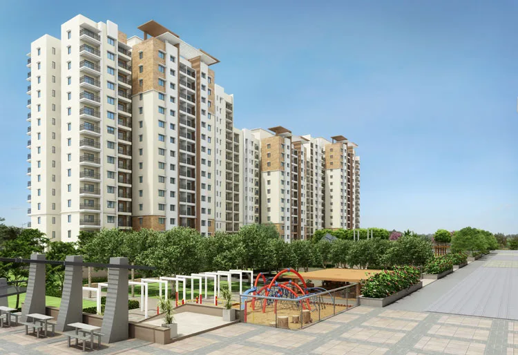 High-rise apartment blocks in cream and stone cladding above a landscaped podium with a children&rsquo;s play area and seating