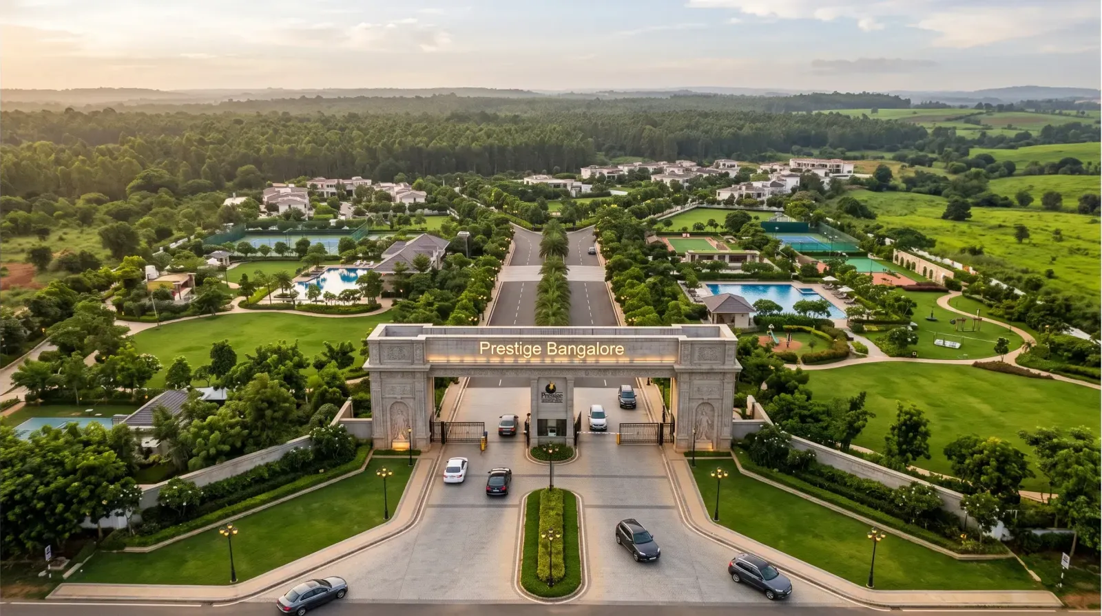 Artist&rsquo;s impression of the Prestige Bangalore entrance arch and tree-lined internal avenue, with villas, clubhouse and swimming pools in landscaped grounds