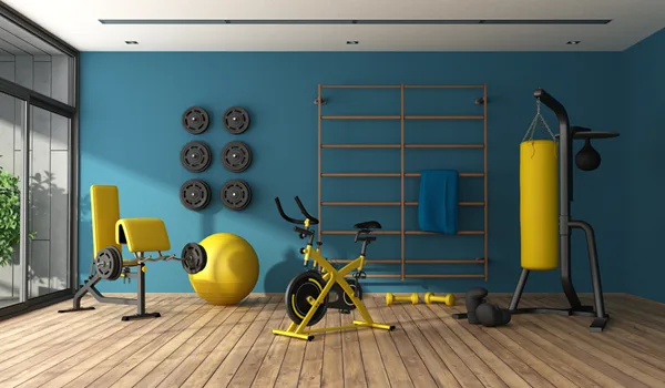 Home gym with a weight bench, exercise bike, wall bars, punch bag and free weights on a wooden floor
