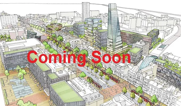 Generic illustrated cityscape overlaid with the words Coming Soon, standing in for the Prestige Bangalore master plan which has not yet been released