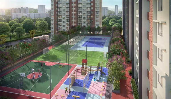 Basketball and tennis courts with a fenced children&rsquo;s play area beside residential towers