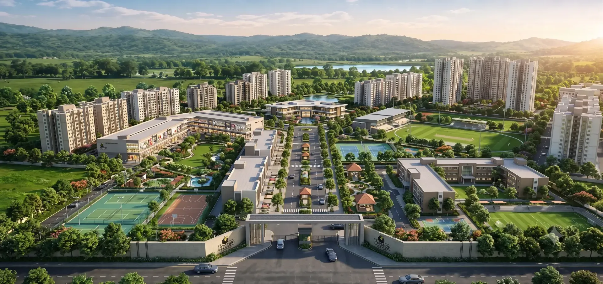 Aerial artist&rsquo;s impression of the Prestige Bangalore township at Bidadi, showing high-rise apartment towers, a retail street, clubhouse, sports courts and the gated entrance on Mysore Road